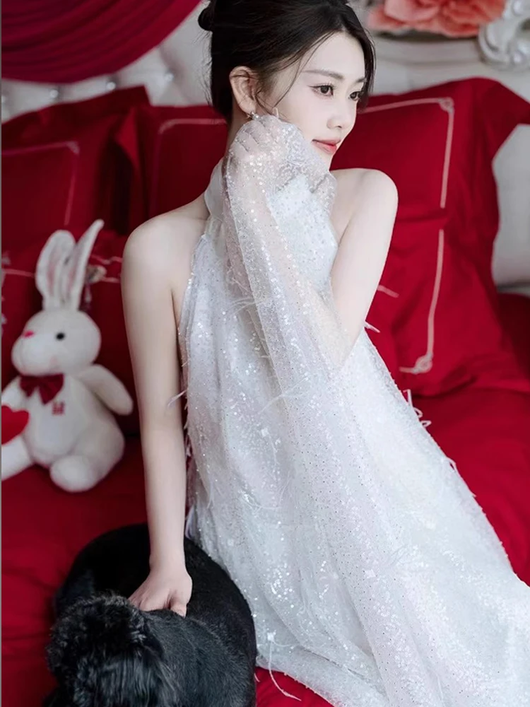 

White Evening Gown Prince Sle Wedding Dr for Women Long A-Line Skirt No-Sve Handmade Flower Embellied Evening Dr