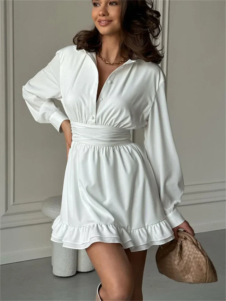 

Tossy White Ruffled Bandage Mini Dress Female Elegant Long Sleeve Patchwork Lapel Lace-Up Commute Dress Women's Spring Dress New