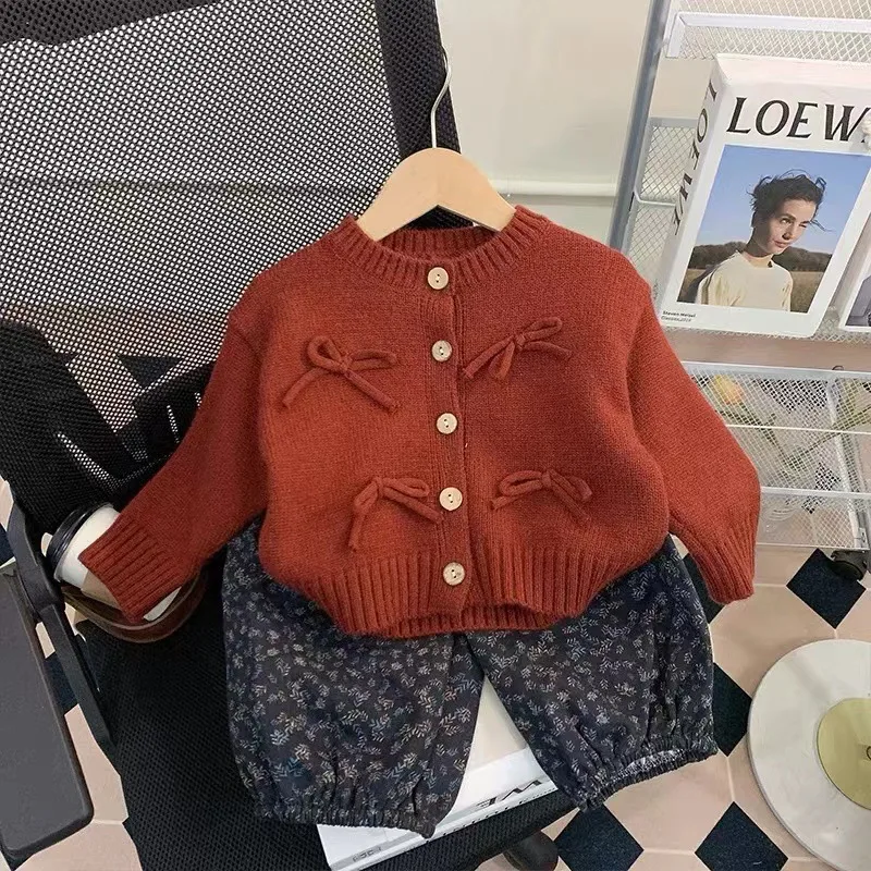 

Girl's Knitted Cardigan Suit2024New Baby Fashionable Sweater Coat Children's Jeans Suit Autumn and Winter