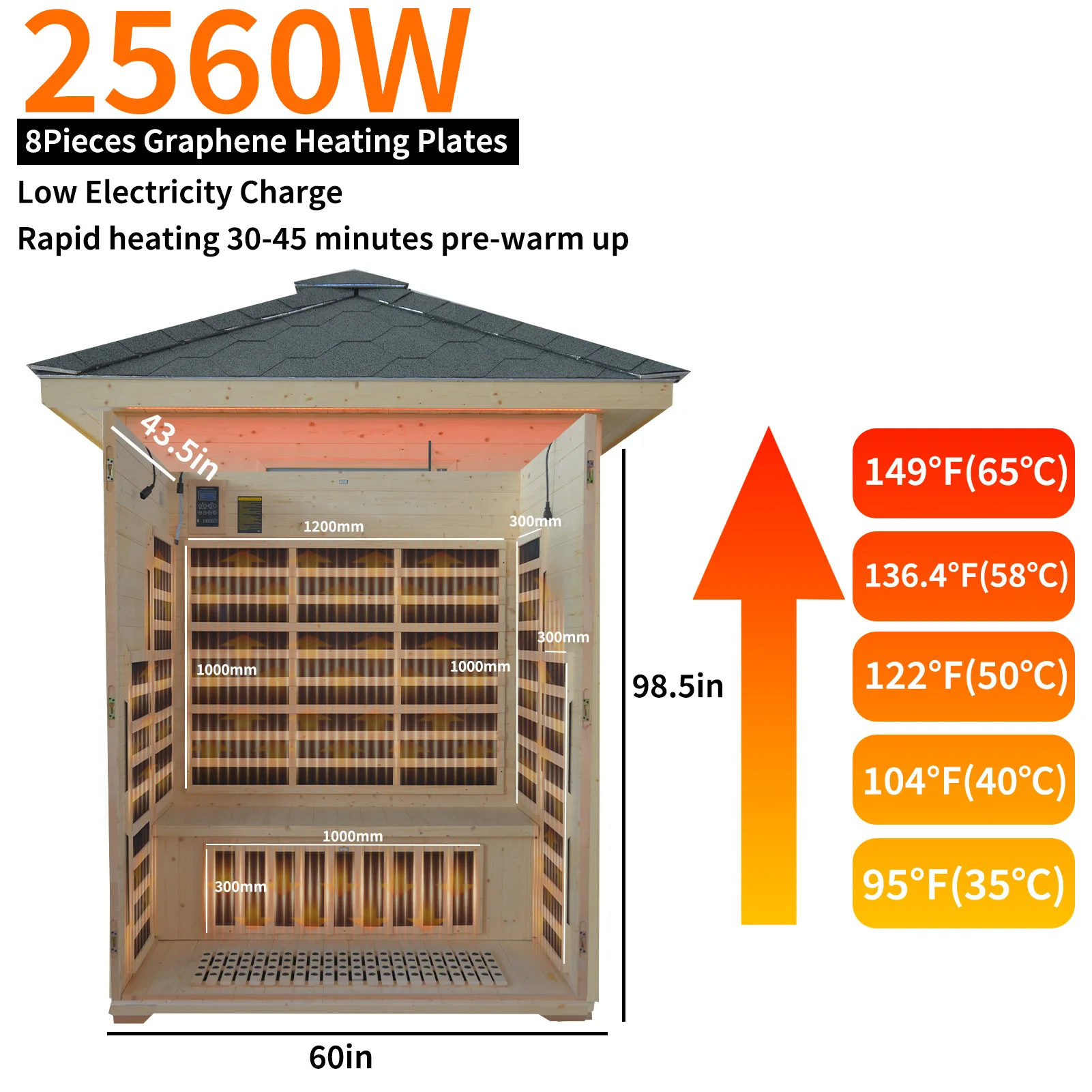 Outdoor Far Infrared Graphene Sauna Room, Natural Spruce Wood Low EMF Home Sauna Cabin with Waterproof Asphalt Roof, Color Light Therapy for Home Backyard Spa view 4