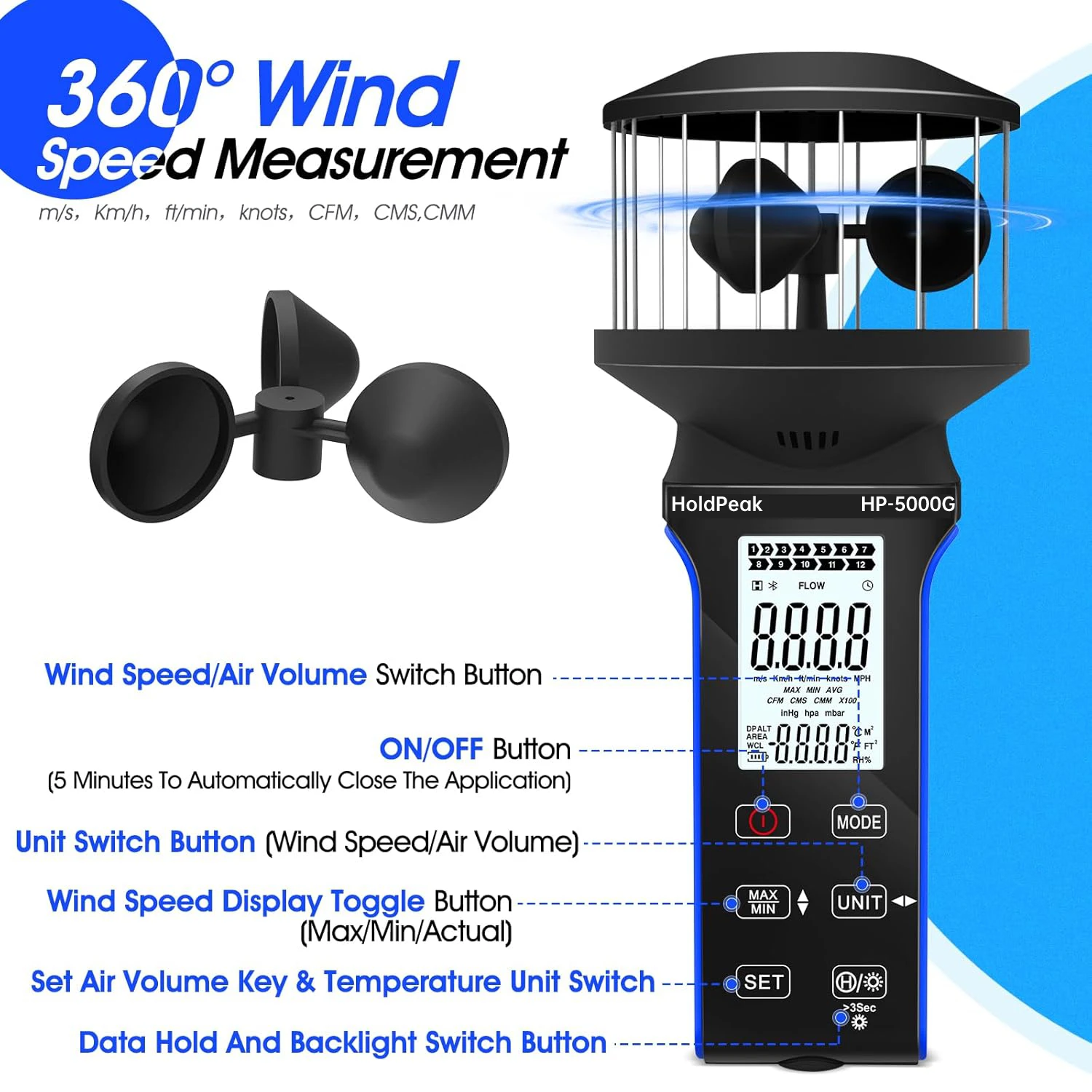 Imagem -02 - Holdpeak-anemômetro Multifuncional Medir a Velocidade do Vento Volume de ar Temperatura com Tela Retroiluminada Azul Hp5000g