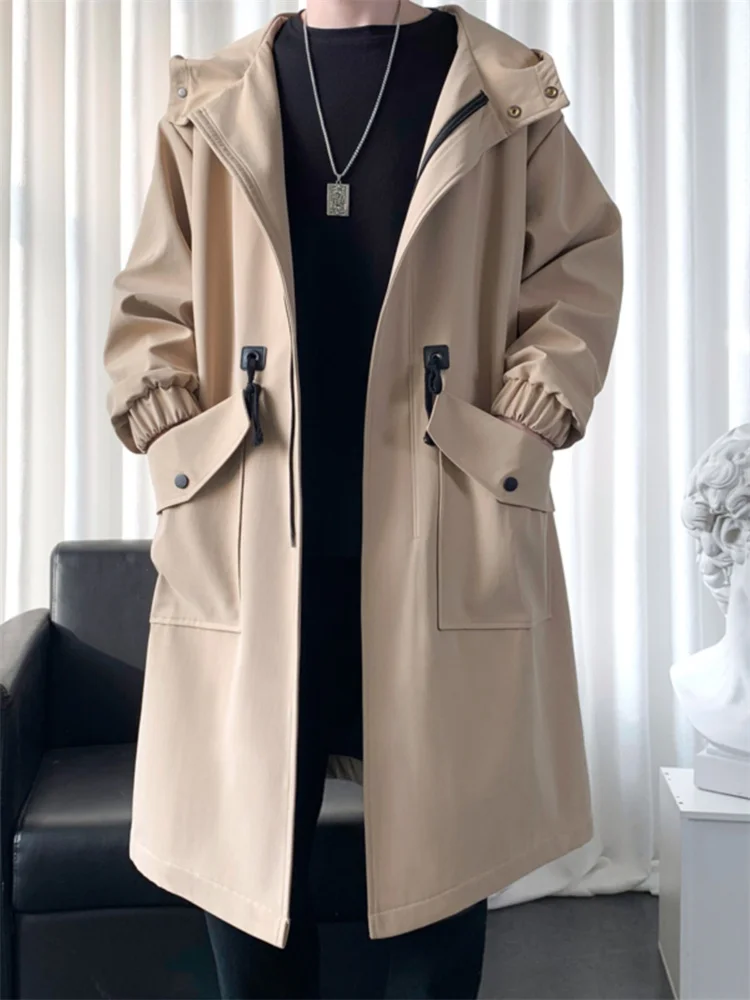 

Khaki Color Men's Long Coat Casual Hooded Jaet Autumn Faion Brand High-End Feeling Loose Fit Comfortable Sle Windbreaker