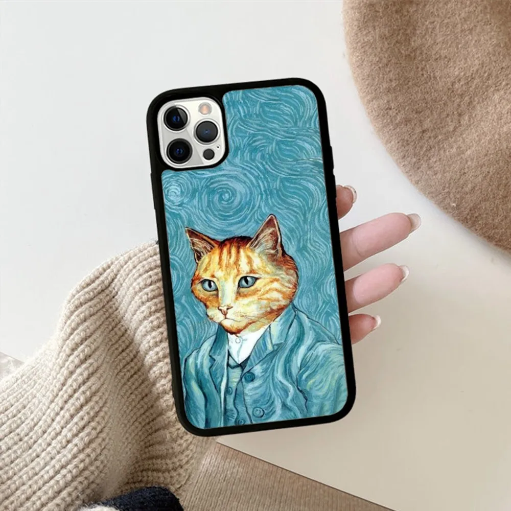 Retro Oil Painting Van-Gogh Cat Phone Case Silicone PC+TPU Case For iPhone 14 11 12 13 Pro Max 8 7 6 Plus X XR Hard Fundas