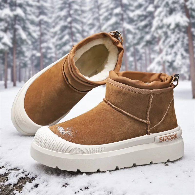 

2025 New Winter Men's Platform Snow Boots - Shearling-Lined Warm Non-Slip Slip-On Cotton Shoes