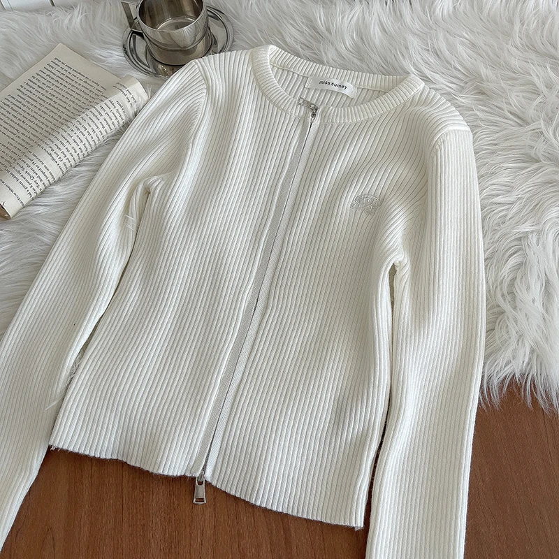 Short Double Zipper Slim Sweaters Women's Knitted Tops 2024 Spring Autumn New Versatile Solid Color Round Neck Soft Sweater