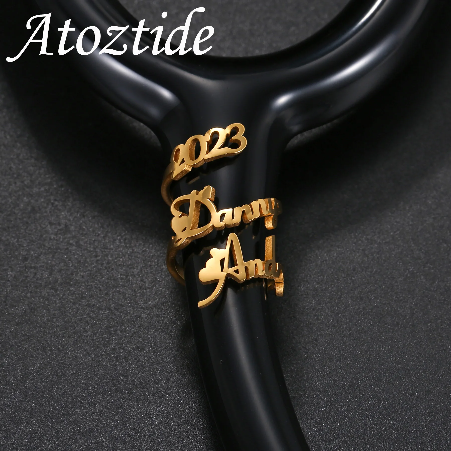 

Atoztide Custom Name ID Tag Stethoscope Ring for Women Stainless Steel Jewelry Adjustable Charms Personalized Nurse Doctor Gift