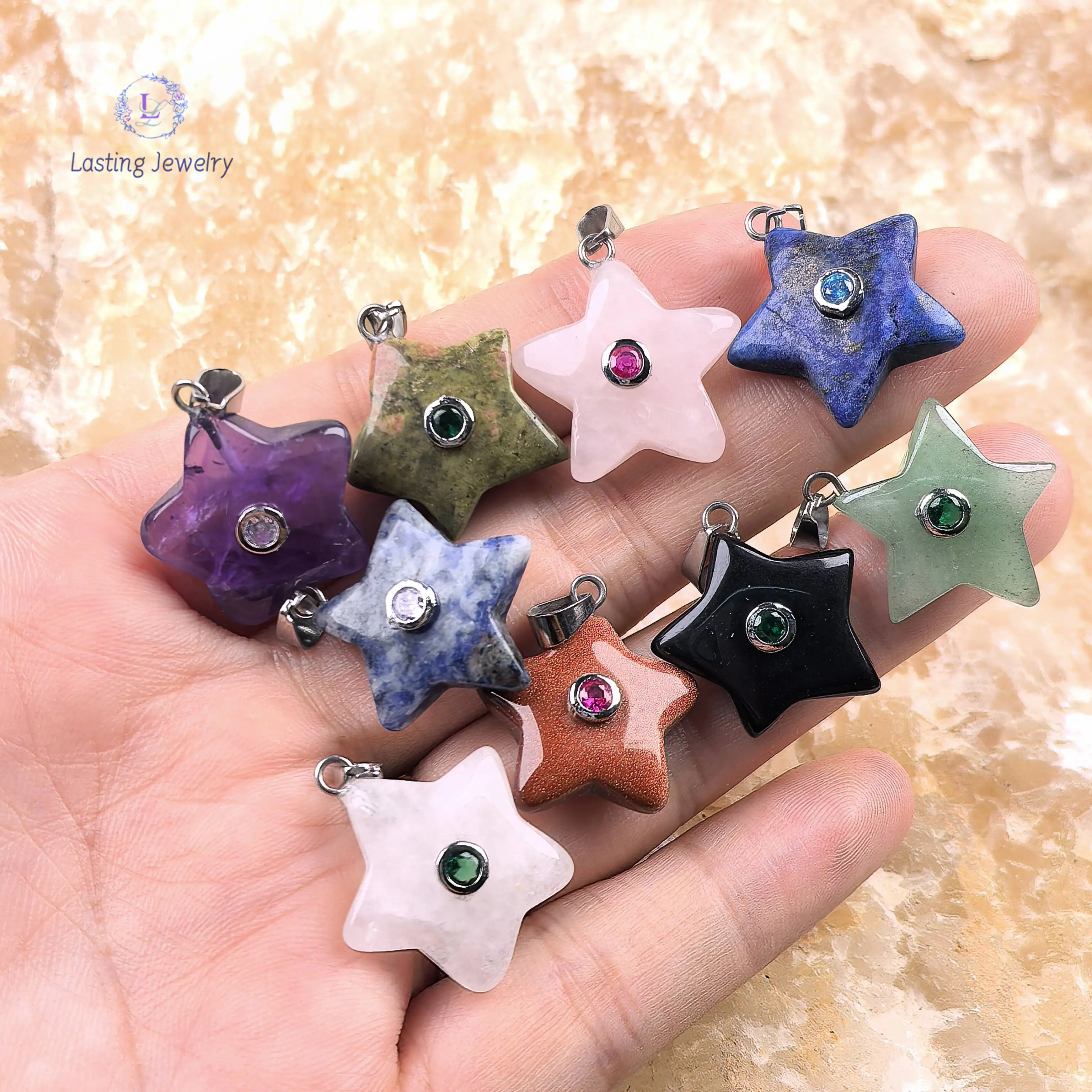 

Natural Stone Star With Inlaid Zircon Charms,Amethyst Rose Quartz Aventurine Obsidian Opal Pendants For Necklace Jewelry Making