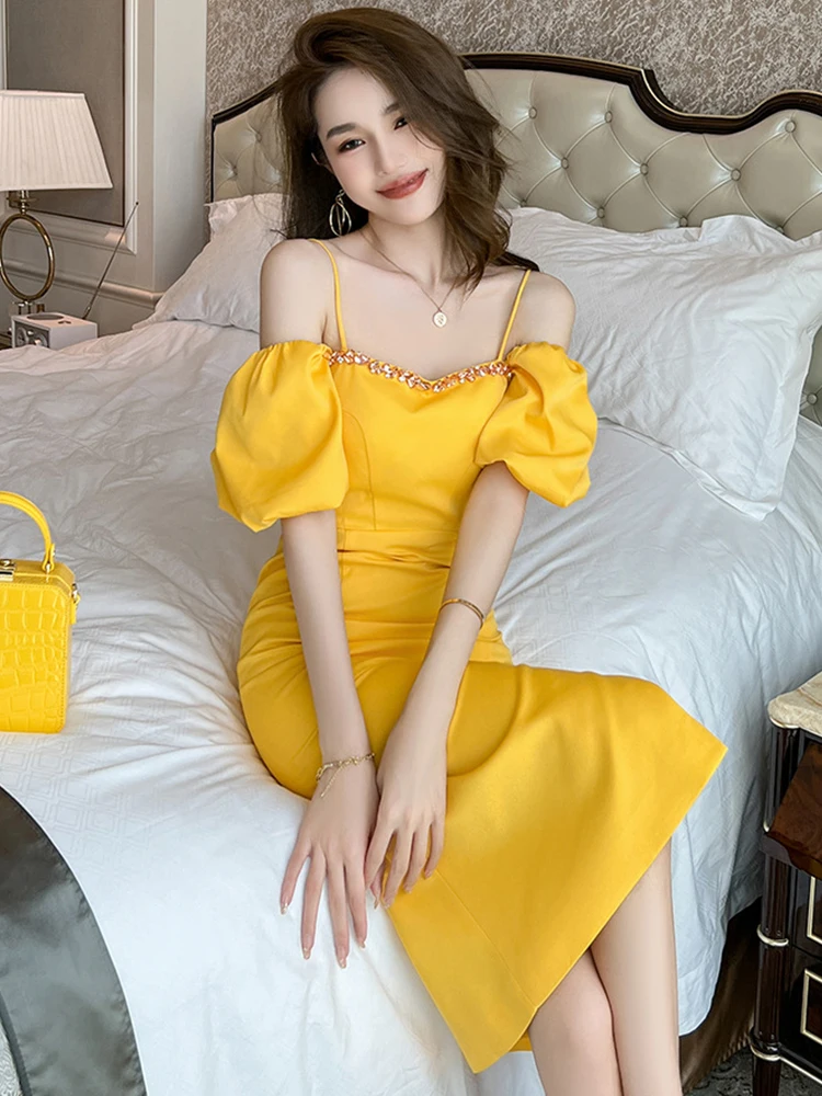 Sweet Elegant Evening Dress for Women Celebrity Satin Yellow Off Shoulder Slit Robe Female Party Night Out Vestidos Date Gown