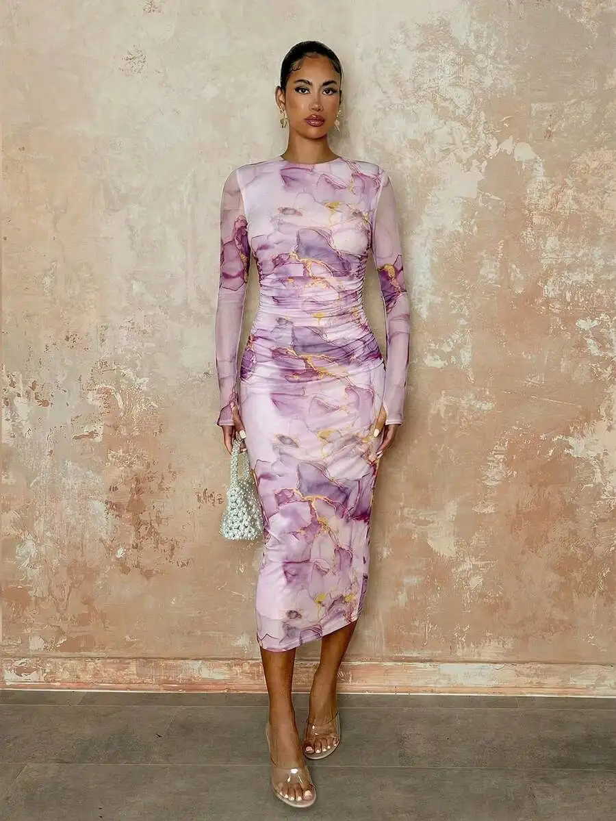 

Sheer Long Sleeve Pastel Purple Marble Midi Dress With Ruched Detail And Draped Fit For Autumn Elegance