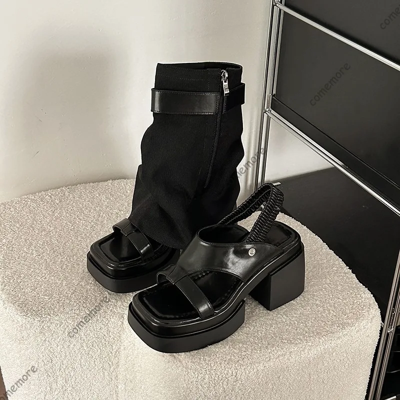 Size40 Women's Denim Foldover Platform Boot Sandals Open Toe Chunky Block Heel Shoes Buckle Strap Streetwear Style Woman Sandals view 4