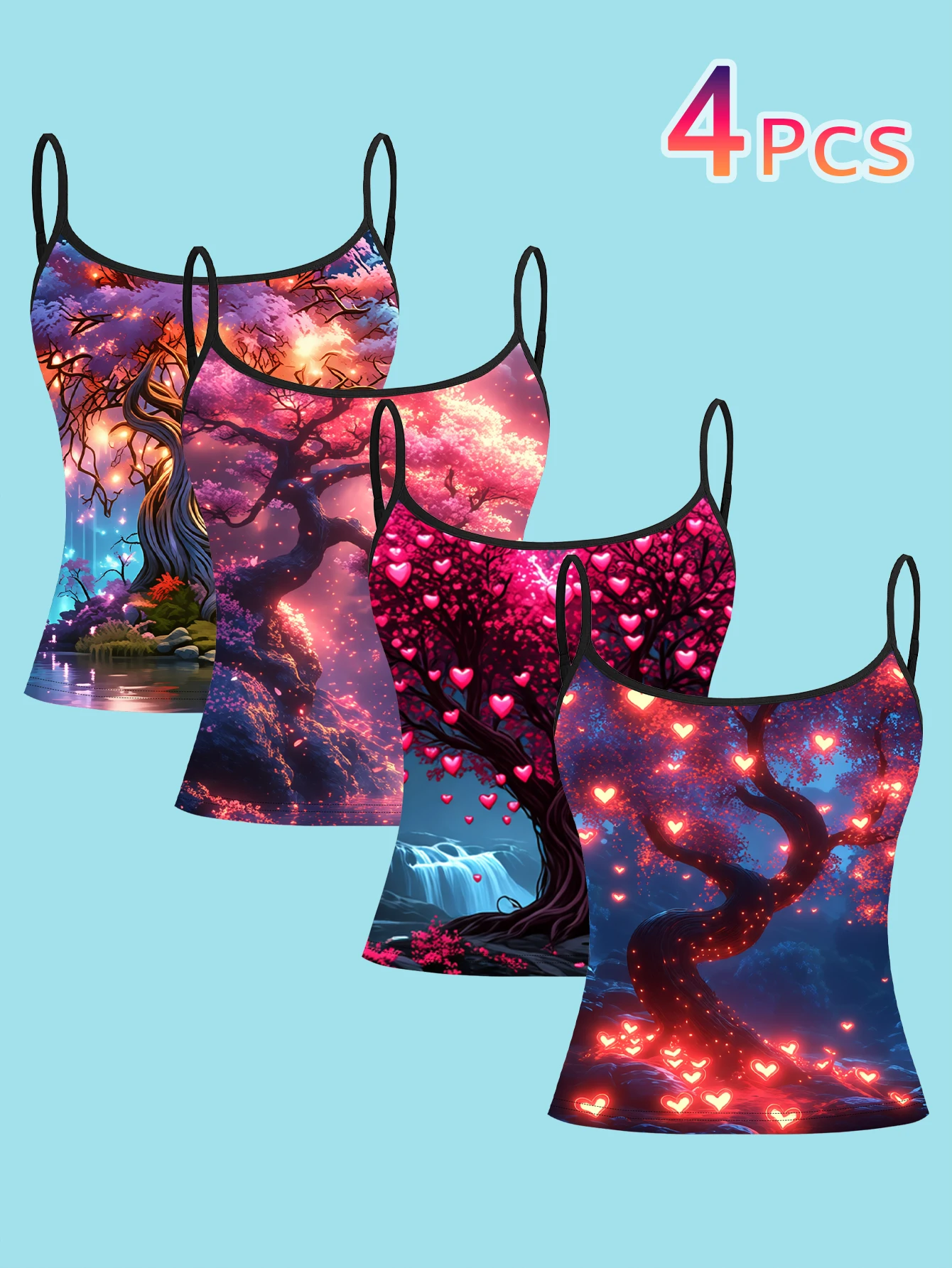 4-Piece Set of Women's Dreamy Forest Tree of Life Print Camisoles with Glowing Heart Waterfall Scenery, Slim-Fit Spaghetti Strap Inner Tops