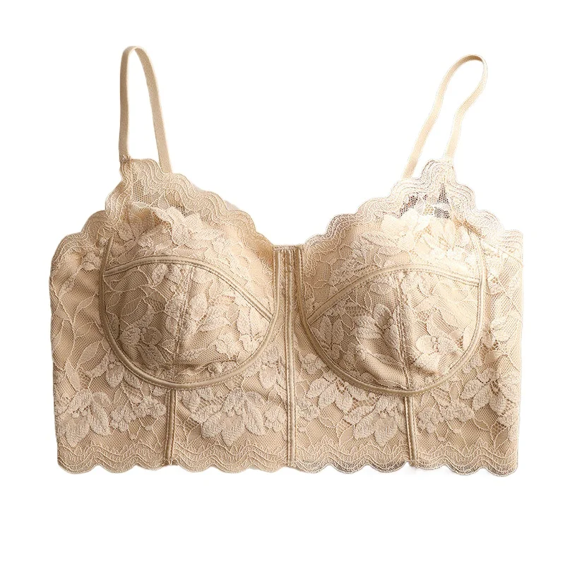 KUCLUT Fixed Cup Lace Bralette, French Style Seamless Strapless Tube Top, Fishbone Support Backless Bra for Women Outdoor Wear