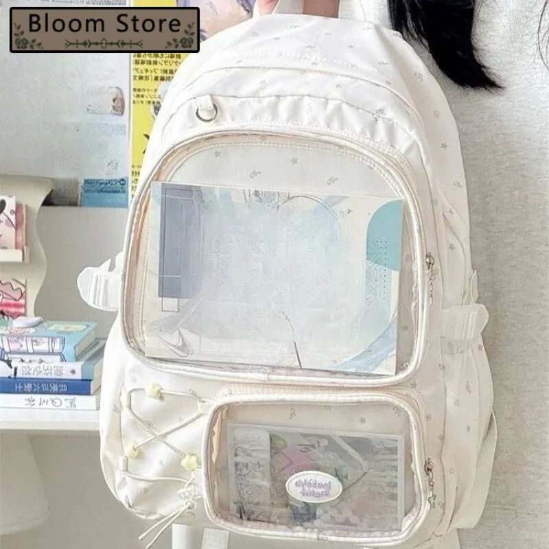 

High-Capacity Y2k Aesthetic Star Print Schoolbags Transparent All Match Casual Ita Bags Sweet Preppy Backpacks For Women Student