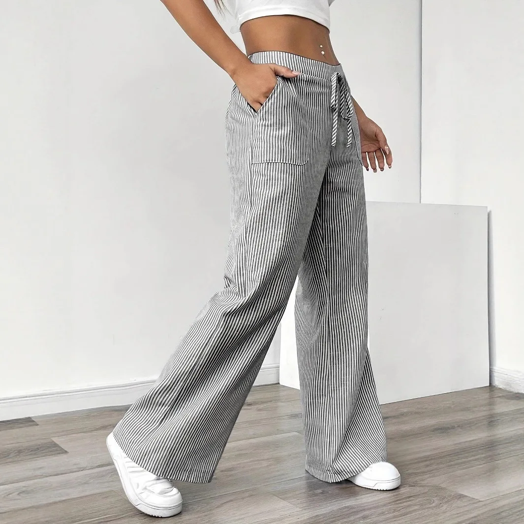 Neue gestreifte, lockere, weit geschnittene Hosen, dünne, lässige, gerade geschnittene Freizeithosen für Damen & lange Hosen, verlängerte gestreifte Hosen – Detail 3