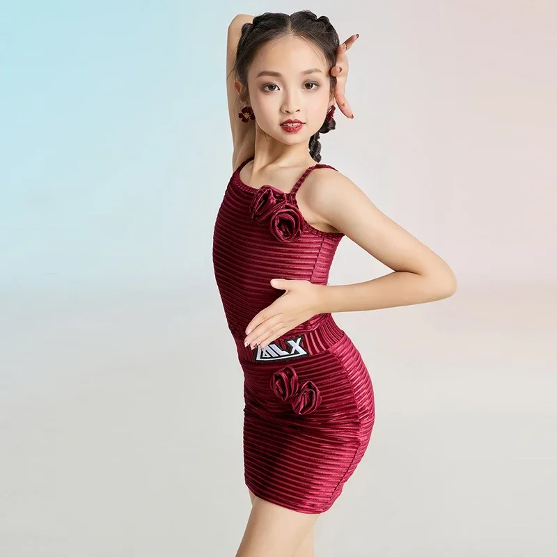 

New Latin Dance Skirt Girls Children Practice Clothing Samba Rumba Cha Cha Tap Dancing Show Dance Team Training Uniform