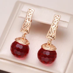 Kinel New 585 Rose Gold Color Long Dangle Earrings For Women Red Natural Zircon Ball Bride Drop Earrings Vintage Wedding Jewelry