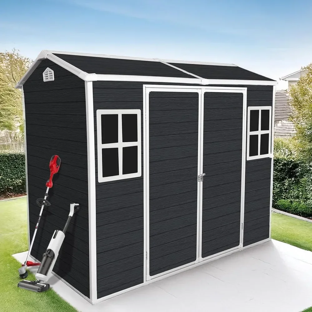 

8x4ft Resin Outdoor Storage Shed with Floor and 2 Windows, Plastic Sheds & Outdoor Storage Clearance for Patio Furniture