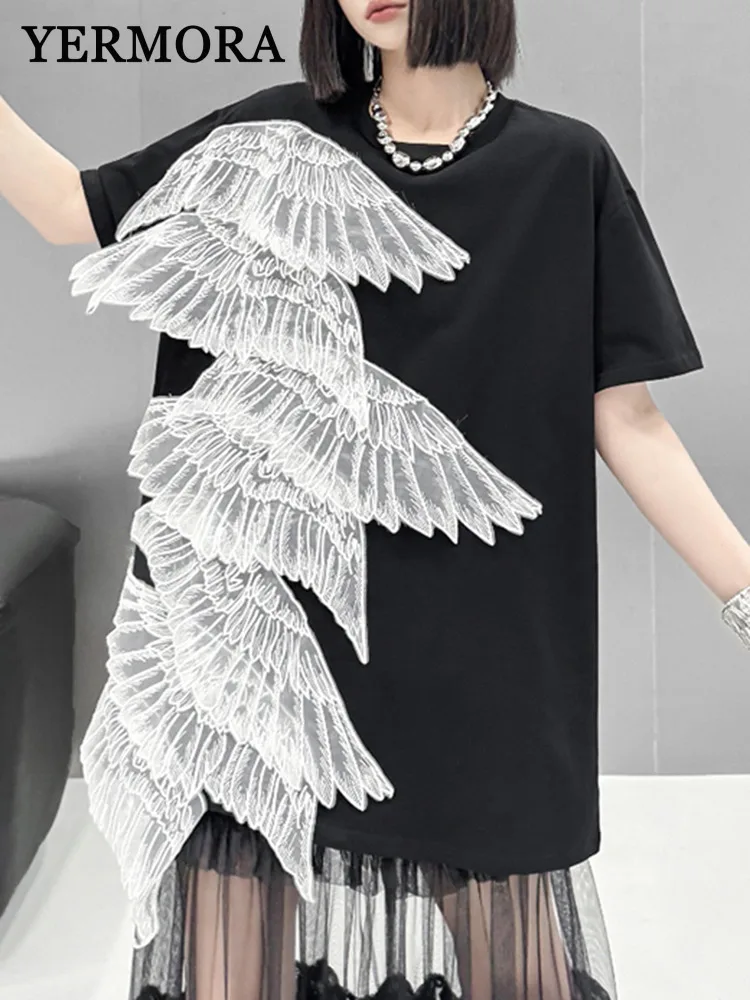 

YERMORA Women Black Splice Embroidery Wings Casual T-shirt O-neck Short Sleeve Loose New Tops Fashion Tdie Spring Summer 2025