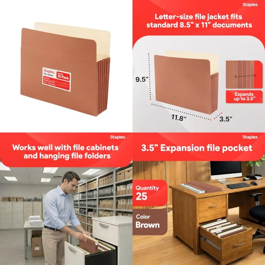 

Reinforced File Pockets, Letter Size, 3.5‑Inch Expansion, Heavy‑Duty Brown Accordion Files for Organization 25/Pack