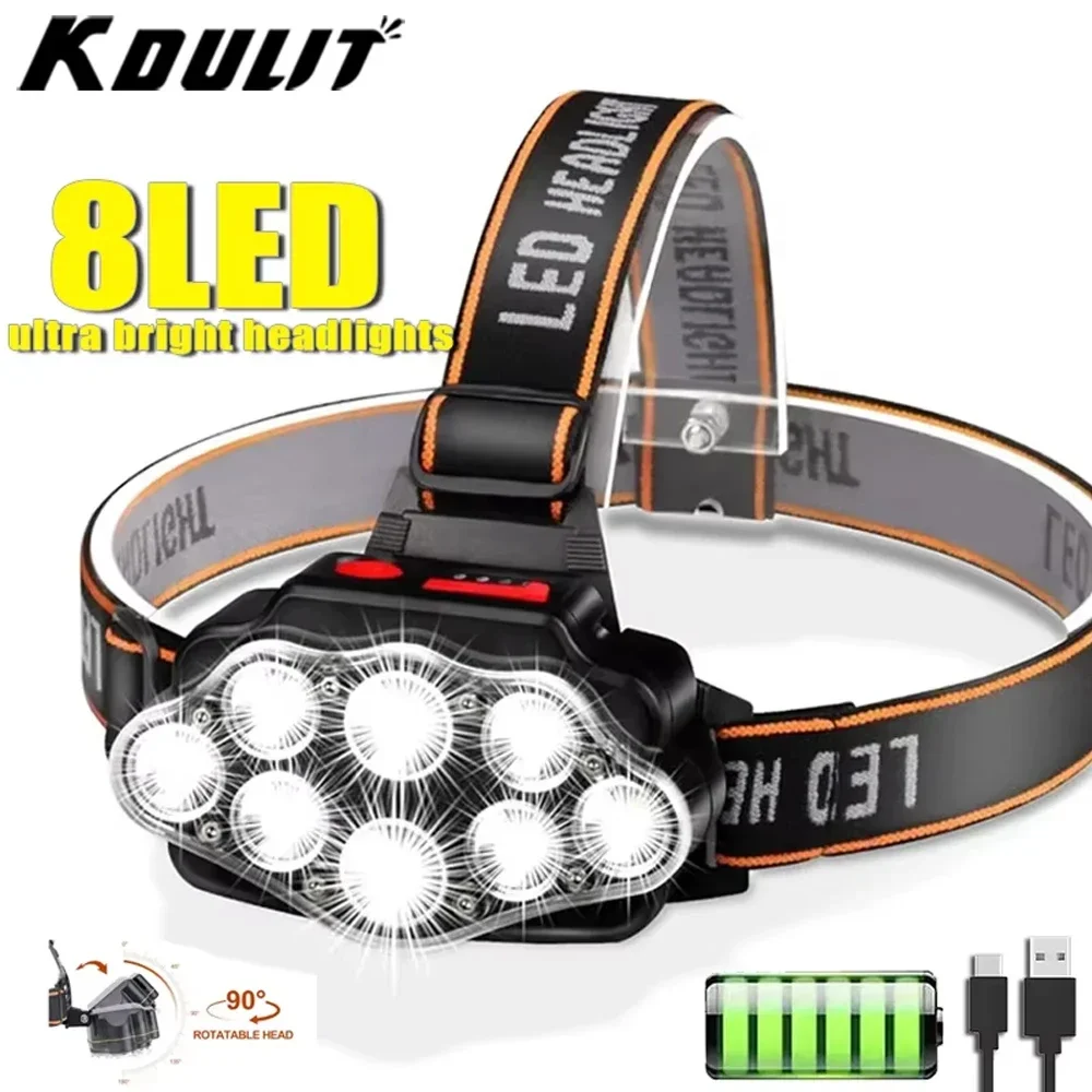 KDULIT 8LED Powerful Rechargeable Head Flashlight for Fishing Led Headlamp Camping Headlights Hunting Torch Hiking Front Lantern