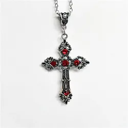 Large Baroque Christian Cross Necklace Silver Color with Crystals,Gothic Crucifix and Easter Jewelry,Unisex Bejeweled Crucifix