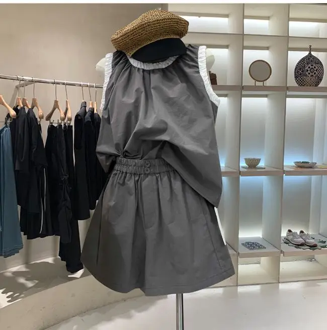 

Летний модный комплект: шорты с высокой талией и широкими штанинами, топ-жилет, цветной блок, круглый вырез, женская одежда