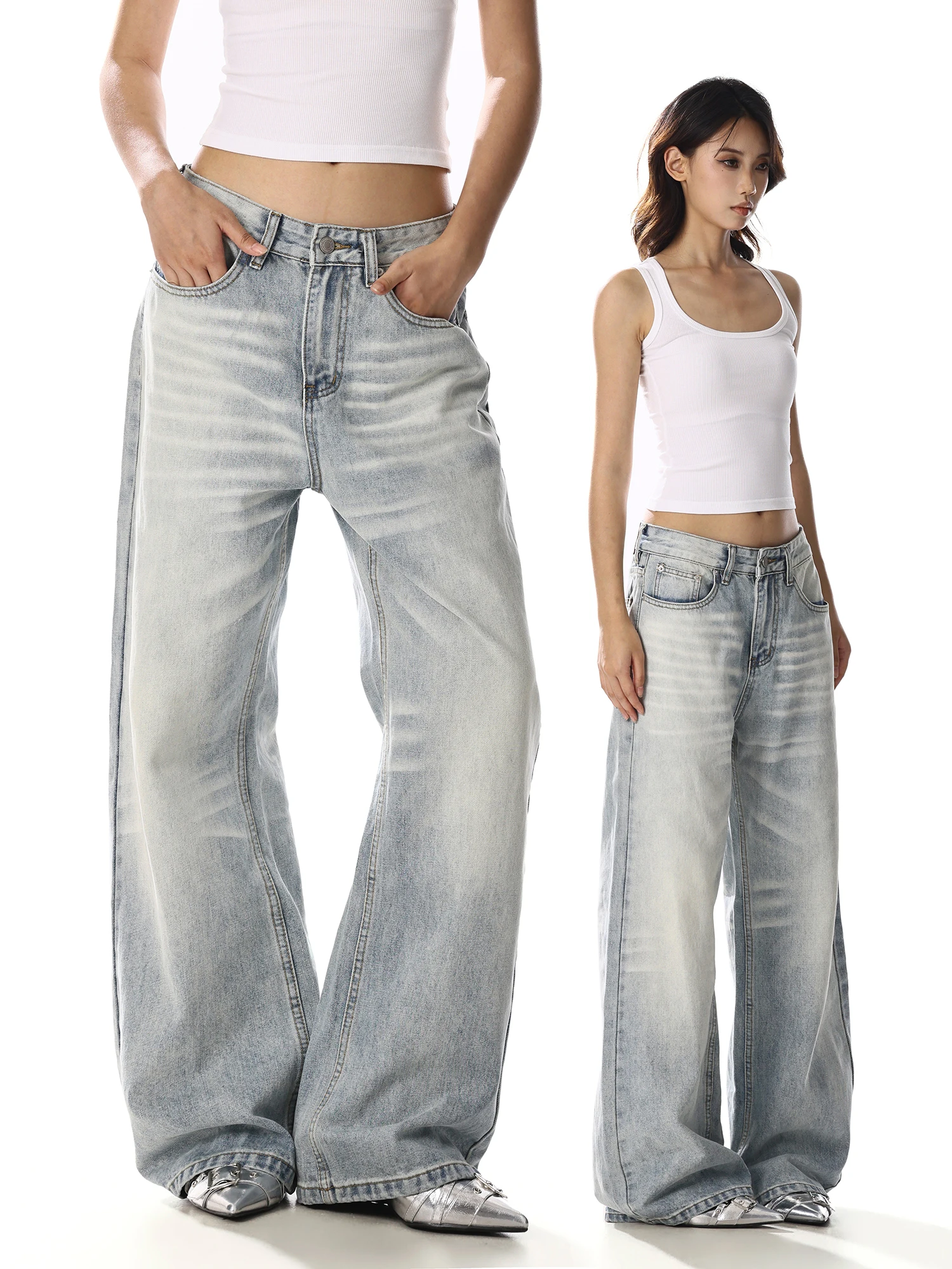 Calças Jeans Americanas Retrô Azul Claro, Corte Solto e Perna Larga, para Homens e Mulheres, Novo Estilo Casual de Verão, Efe...