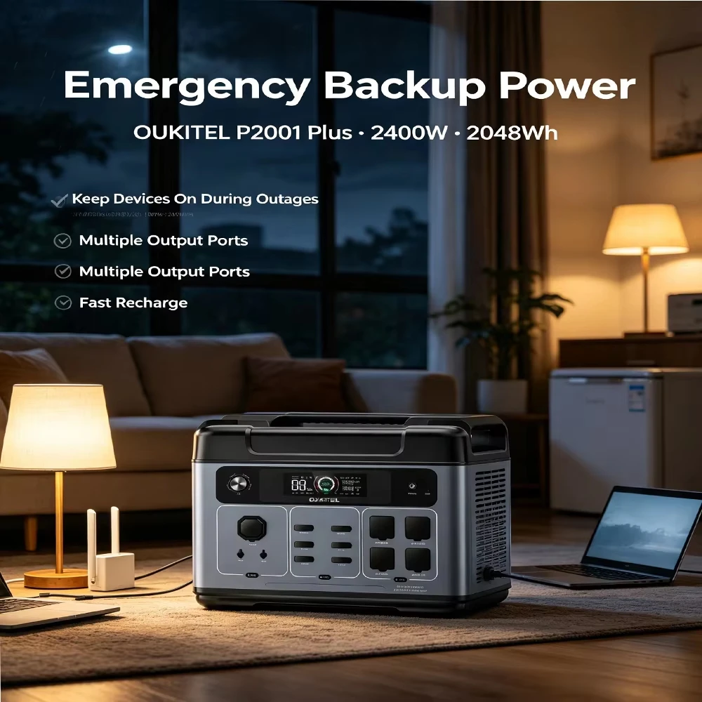 OUKITEL P2001 Plus Portable Power Station Comes With 2400W Continuous AC Output And Massive 2048Wh Capacity. Adopts Pure Sine Wave Inverter To Safely Power Refrigerators, Power Tools And Daily Home Appliances. Supports Wall Charging, Car Charging