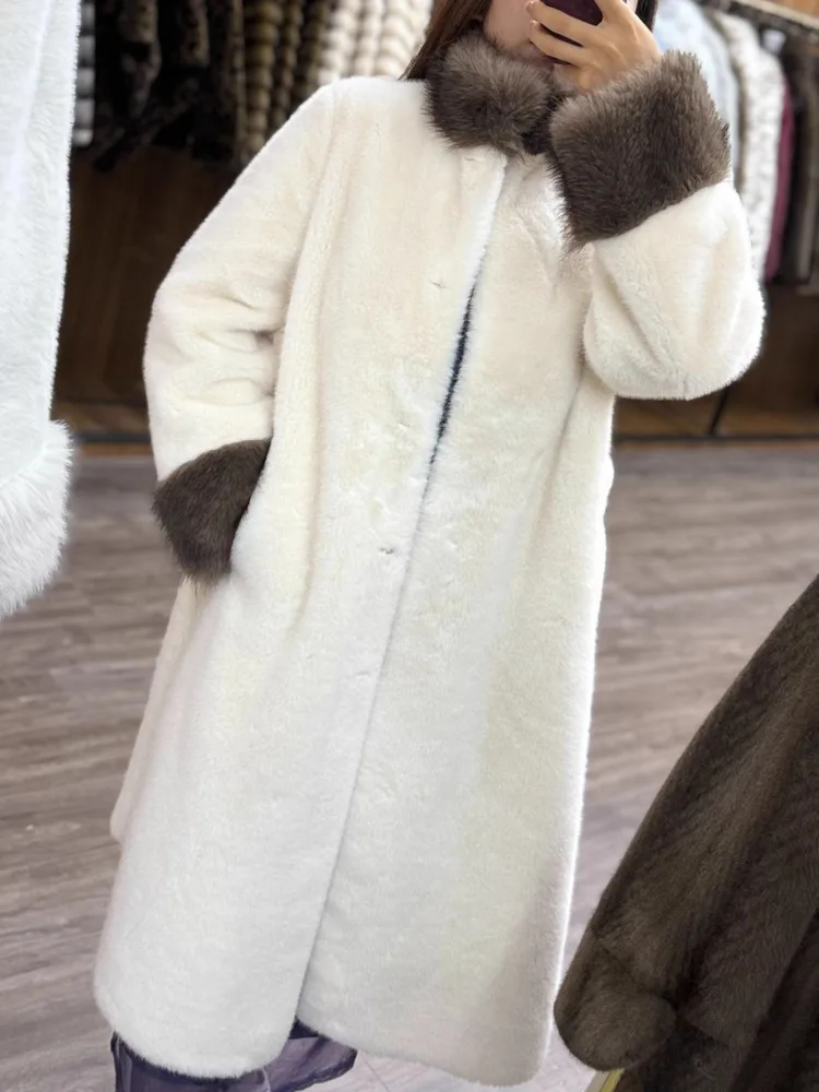 ZMEENNA Abrigo de piel sintética de invierno para mujer elegante Chaqueta larga de felpa blanca elegante de longitud completa con puños de contraste ZM3726