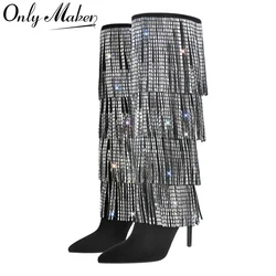 Onlymaker Women Rhinestone Fringe Stiletto Knee High Boots Thin Heel Fashion Pointed Toe Tassel Crystal Moden Boots