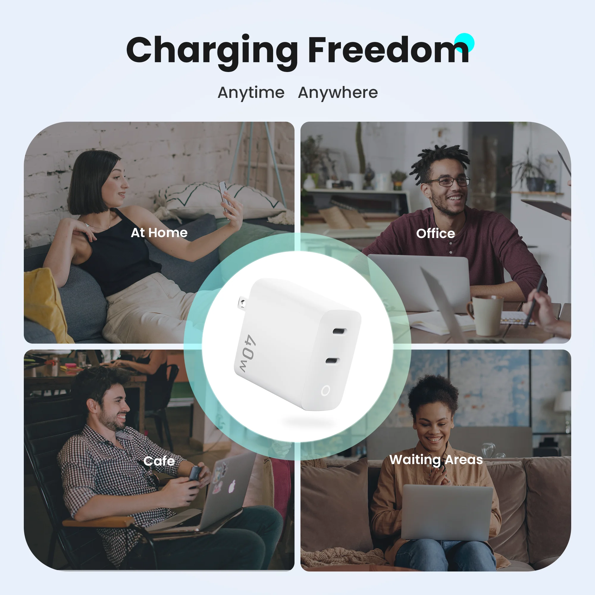 شاحن سريع 40 وات بمنفذين USB-C من النوع C GaN مع ضوء شحن، كتلة شحن سريعة مع كابل شحن من النوع C 3.3 قدم لهاتف IPhone