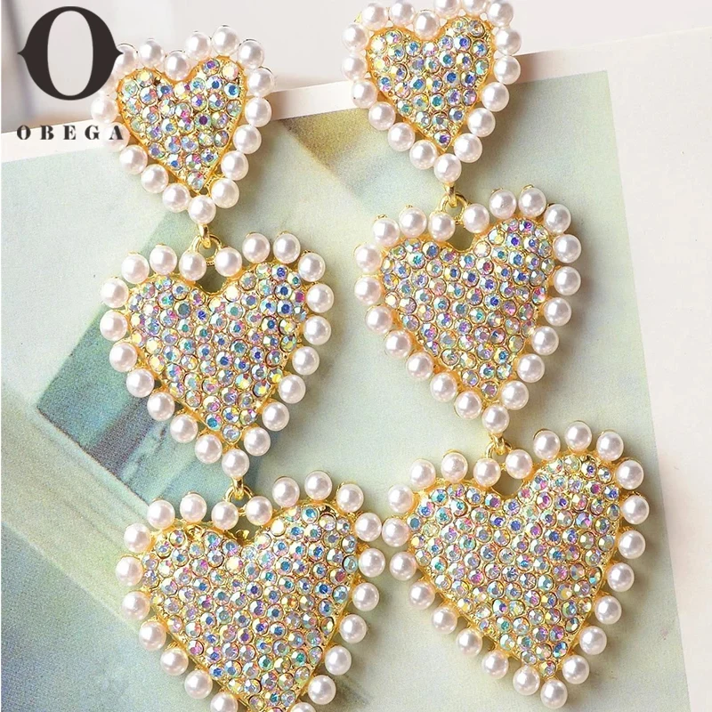 

Obgea Elegant Heart Shape Drop Rhinesestone Pearl Stud Earrings For Woman With Shimmering CZ Stone Sweet Love Party Jewelry Gift