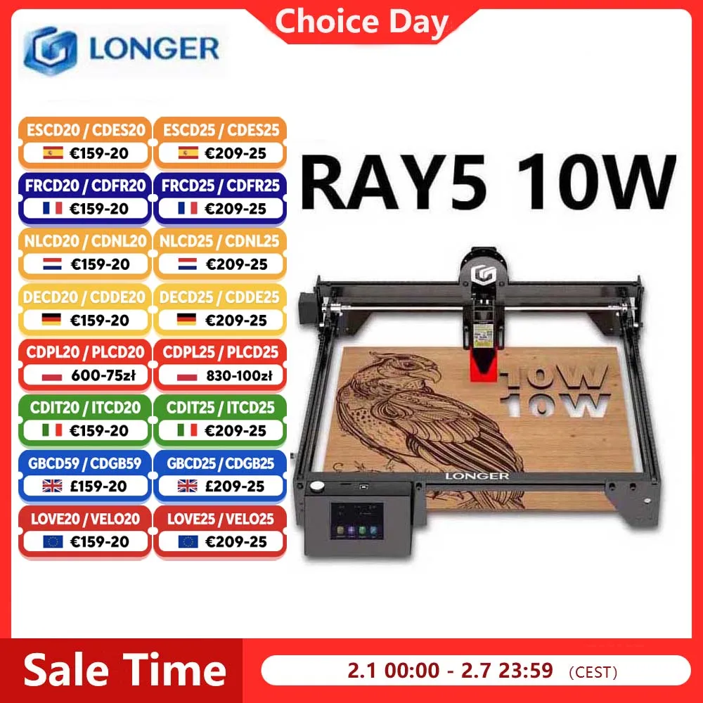 Gravador a laser LONGER RAY5 10W 0,06x0,06mm Tela sensível ao toque de ponto laser Escultura off-line Chipset de 32 bits Área de trabalho 400x400mm