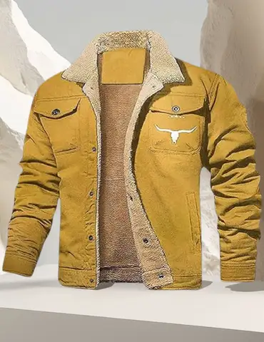 Mens Retro Western Winter Fleece Jacket Warm Fleece Lined Coat Cargo Jackets Cowboy Jacket Coat