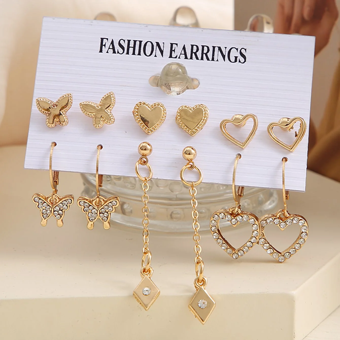 Retro Peach Heart Diamond Earring Set With 6 Pairs Women  Creative Full Zircon Butterfly Hollow Heart Pendant Earrings Jewelry