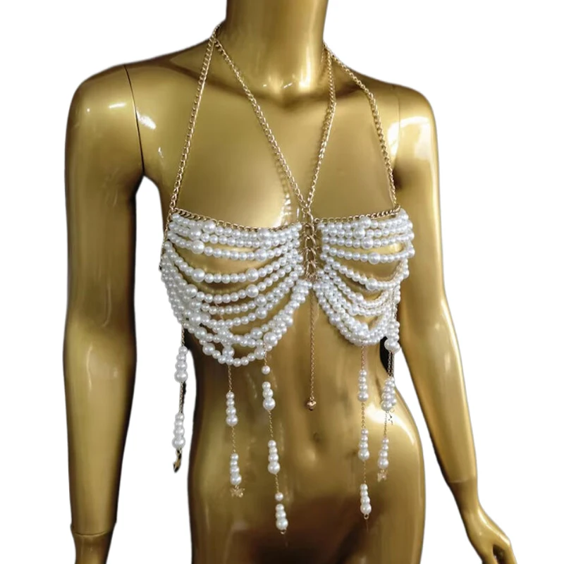 Hochwertige Damen-Körperkette mit Perlen und mehrschichtigen Quasten – BH-Top, Camisole, Halsketten, Strandmode – Detail 2