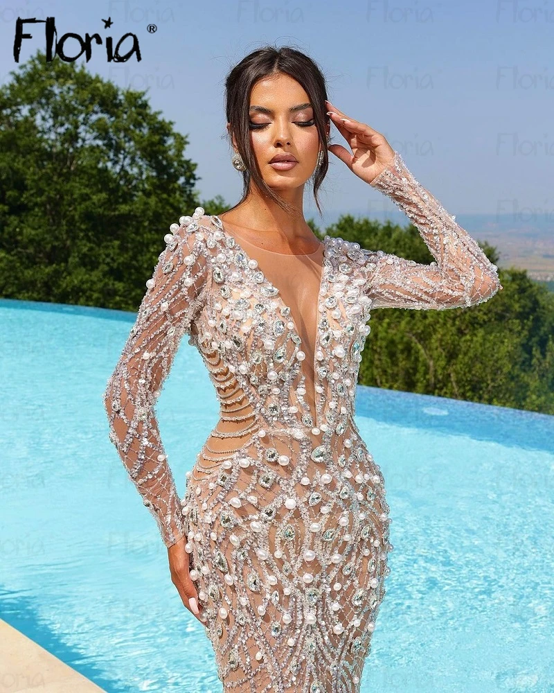 Dubai Luxury Evening Dresses com pescoço e pérolas frisadas, vestido longo sereia, vestidos formais de baile, festa de celebridades, mais novo