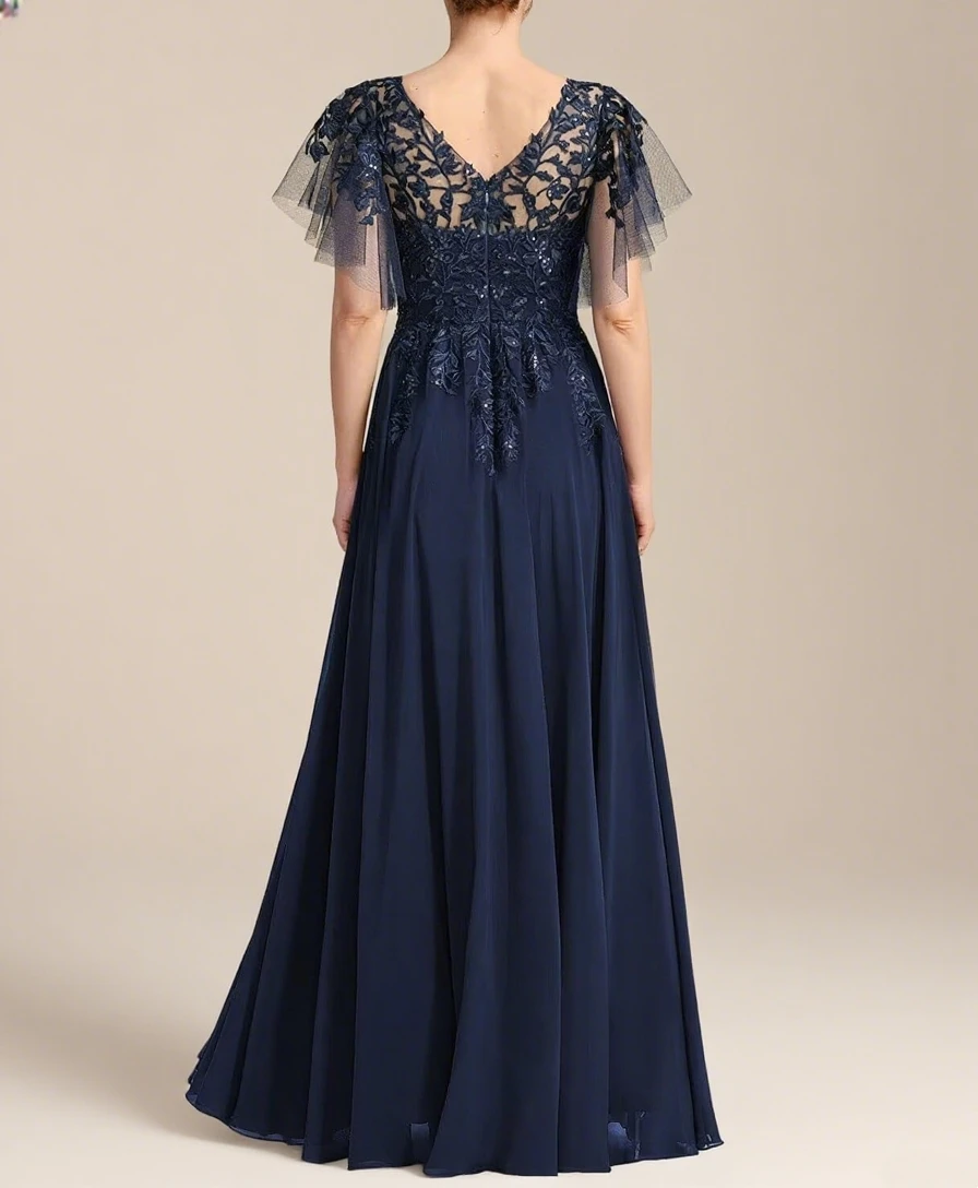 Abiti per la madre della sposa con applicazioni in pizzo per abito da sera formale lungo scoop in chiffon da sposa