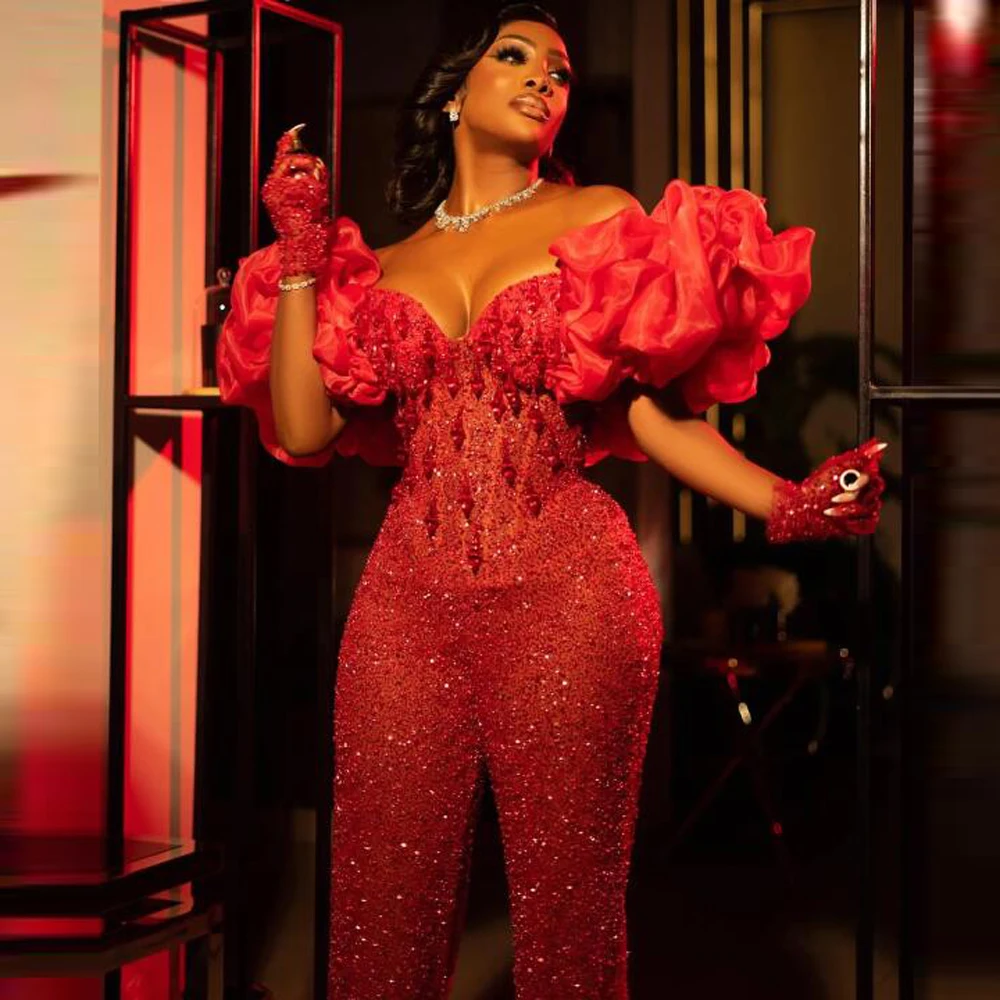 Red Sequined Jumpsuits Sweetheart Off Shoulder Beads Sexy Evening Party Dress Black Girls African Women Wedding Reception Gown