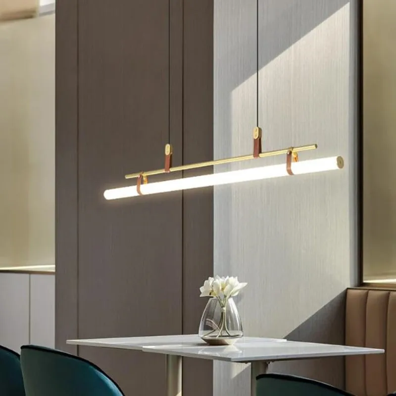 Lampadario Eden lampada a sospensione moderna a tubo lungo per tavolo da cucina sala da pranzo ufficio Cafe lampade a sospensione in pelle oro nero