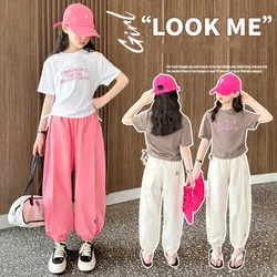 Tees+Pants 2-piece Clothes Set Kids Girls Korean Style Cute Heart-Shaped Beading Letter Print Summer Casual Suit 3-14 Years Old