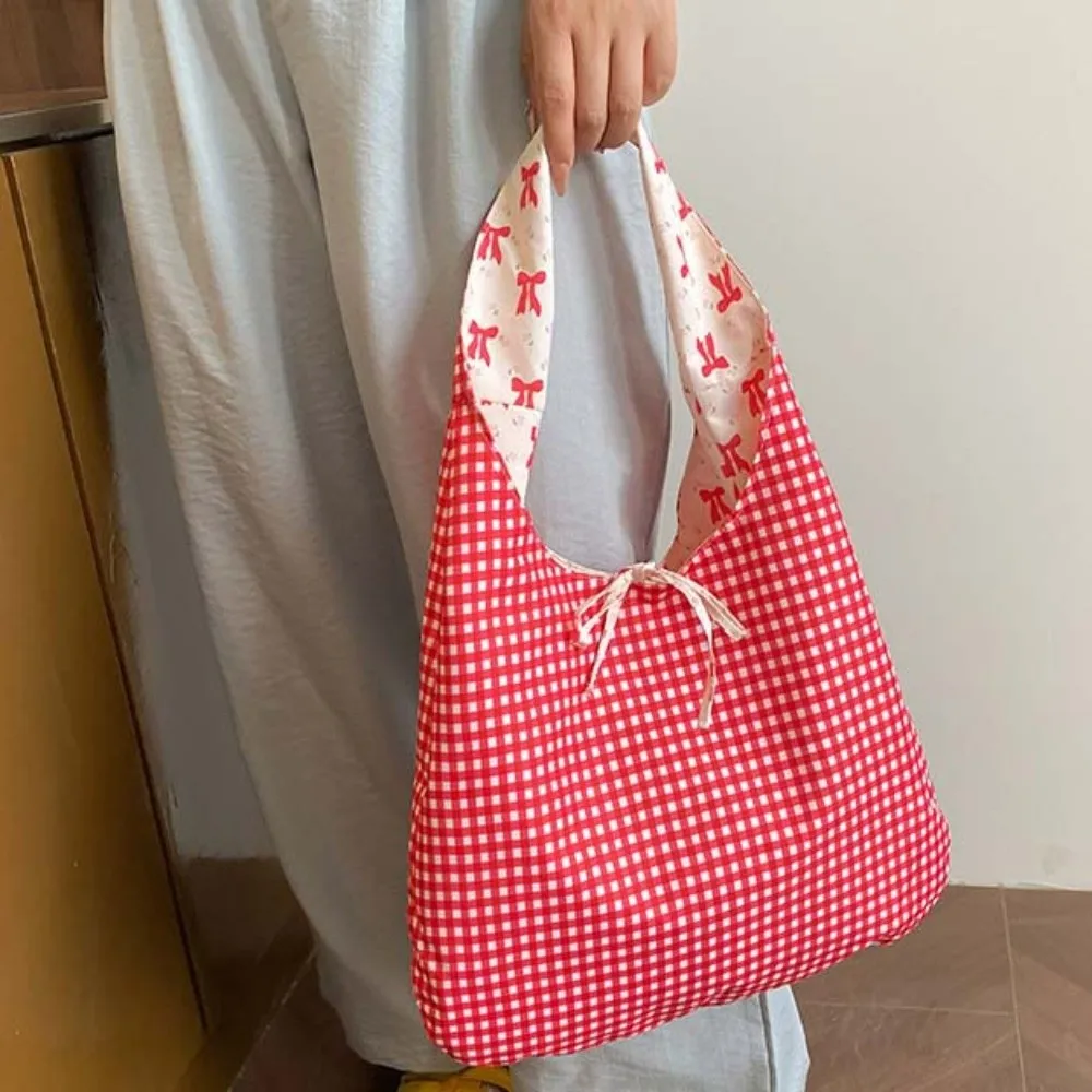 

Sweet Double-sided Shoulder Bag Lace Decoration Contrast Color Plaid Nylon Vest Pouch Korean Style Polyester