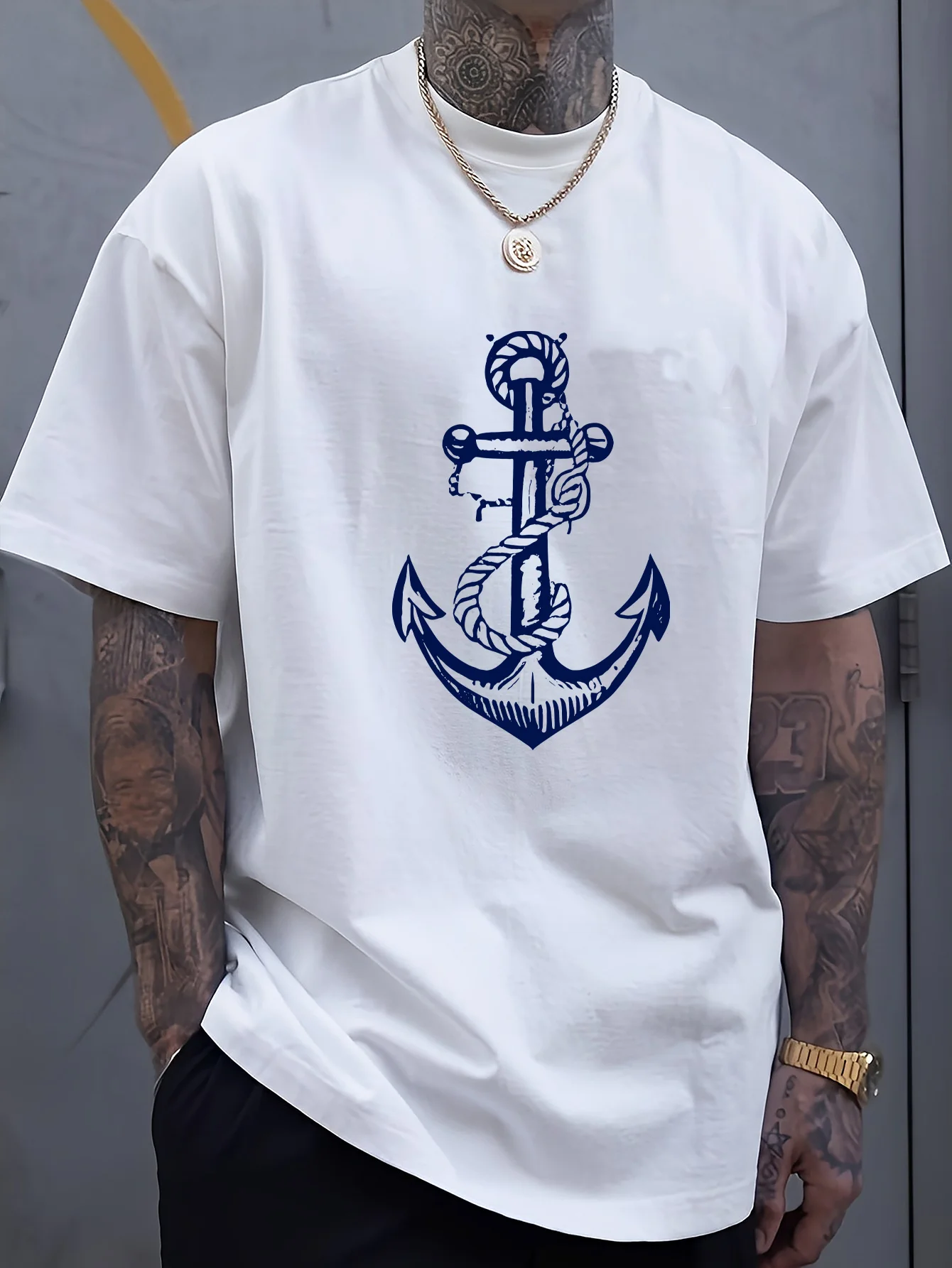 Men's summer 100 cotton fashionable casual sports loose boat anchor pattern printed round neck short sleeved T-shirt top