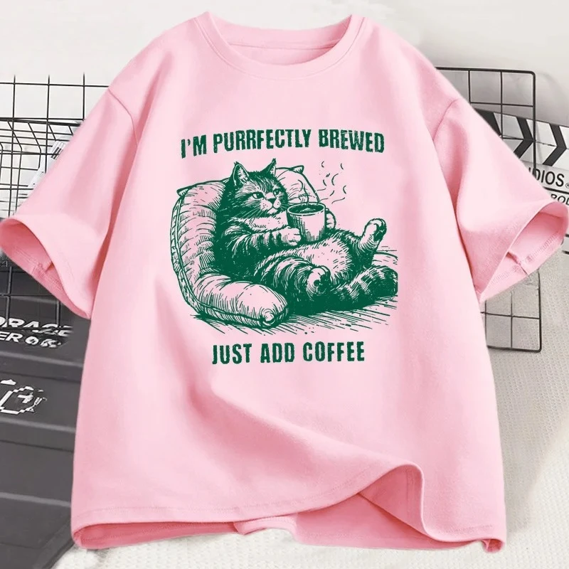 T-shirt grafica retrò divertente gatto caffè T-shirt per amanti dei gatti T-shirt da donna retrò a maniche corte con collo casual T-shirt estetica estiva streetwear