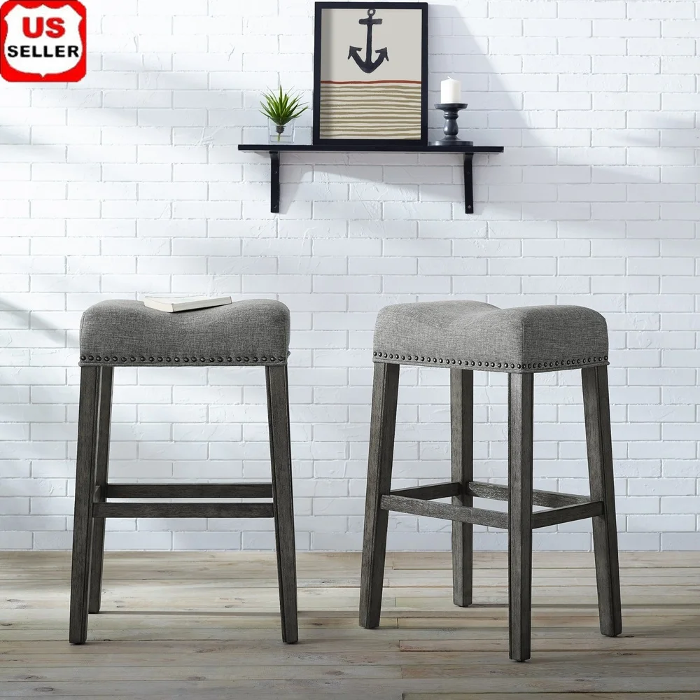 

29 Inch Backless Saddle Seat Bar Stool Set of 2 Cushioned Wood Upholstered Stools Dining Room Kitchen Space Saving Extra Seating
