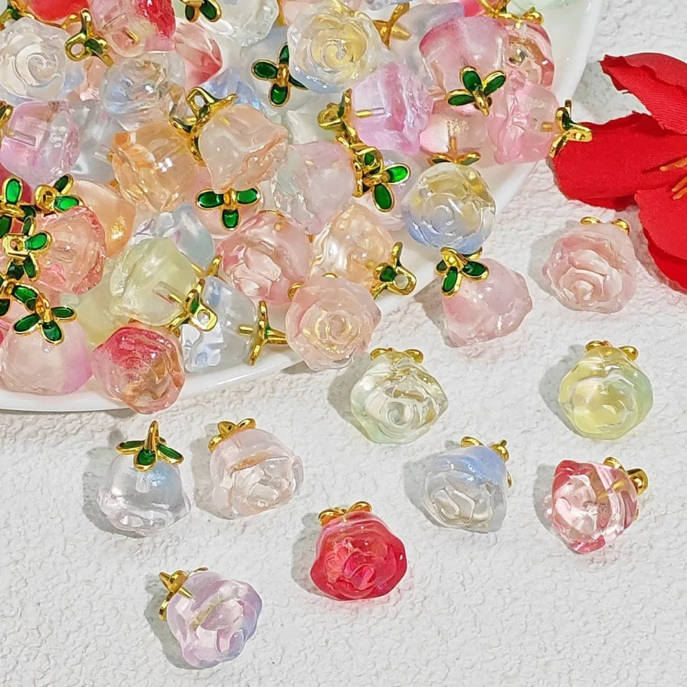 10/20Pcs Rose Flower Glass Charms Pendants Gradient Translucent Rose Buds for DIY Bracelet Necklace Jewelry Making