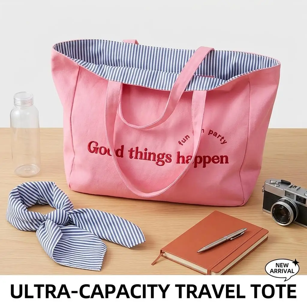 Canvas Tote Bag Striped Lining Large Beach Shoulder Handbag Soft Fabric Aesthetic Casual Shopping Travel Tote Pack For Women