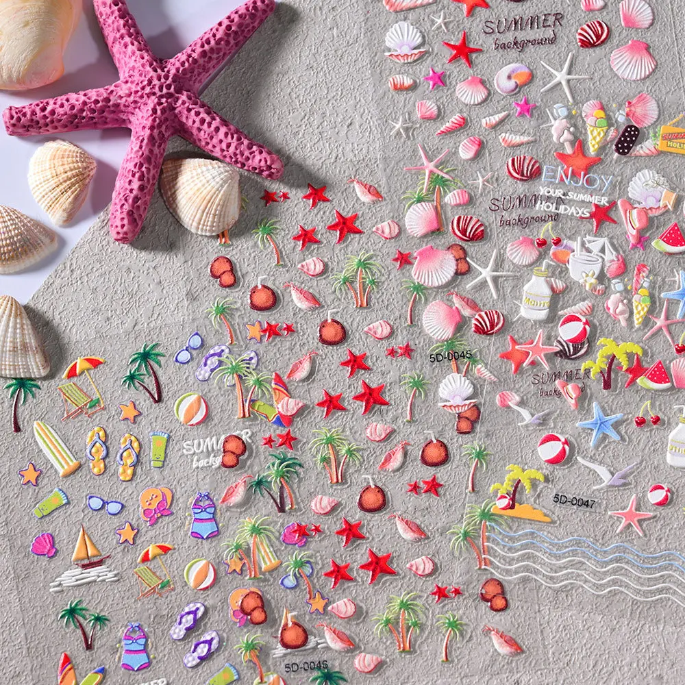 1Pcs 5D Kawaii Nail Decals Starfish/Shell Beach Embossed Reliefs Self-Adhesive Nail Sticker Ocean Summer Shell Nail Sticker ﻿