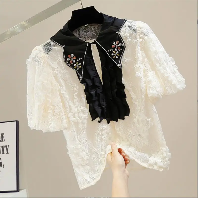 

2023 Spring Summer Slim Fit Short Sleeve Shirt Women Fashion elegant 3D Flower Diamonds Top Hollow Lace Blouses p721