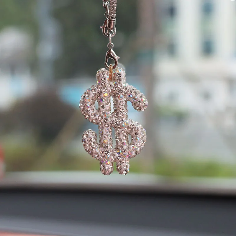 Diamond-Encrusted Dollar Sign Car Rearview Mirror Hanging Ornament – Bling Rhinestone Pendant Charm for Car Interior Decoration